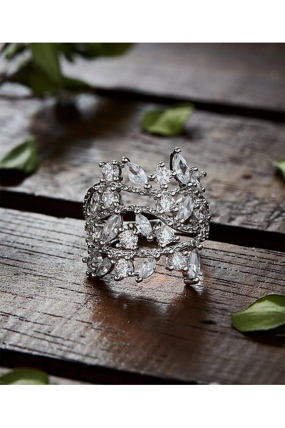 14K White Gold Plated Crystal Plated Leaf Ring Made with crystals