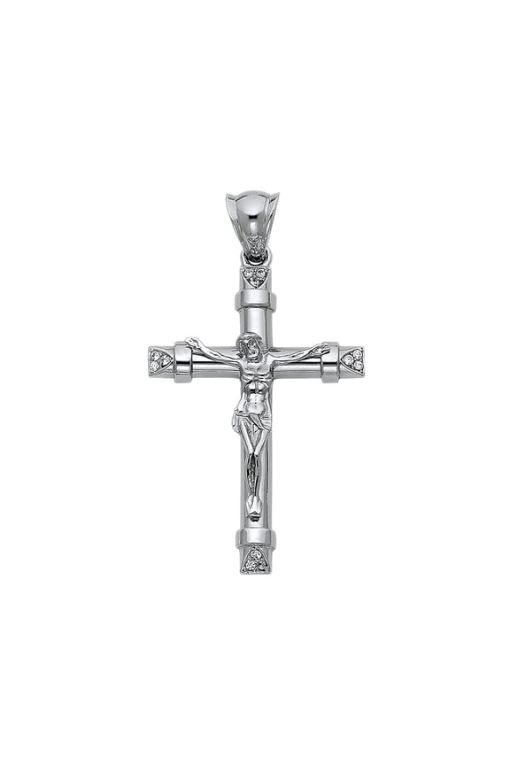 14K White Gold Cubic Zirconia Religious Crucifix Charm Pendant for Necklace Chain | Jewelry Gift for Men Women | 44 x 30 MM | 6.6 grams