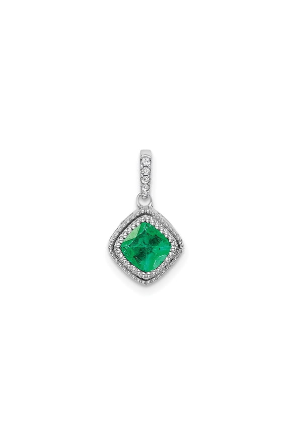 14K White Gold Cushion Emerald Pendant Necklace for Women with Natural Green Raw Gemstone and Diamond Halo, May Birthstone Fine Jewelry Elegant Luxury Design