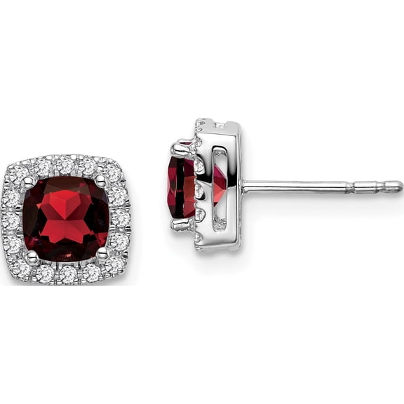 Jewelry by Sweet Pea 14K White Gold 5mm Cushion Garnet and .19 carat Diamond Halo Post Earrings
