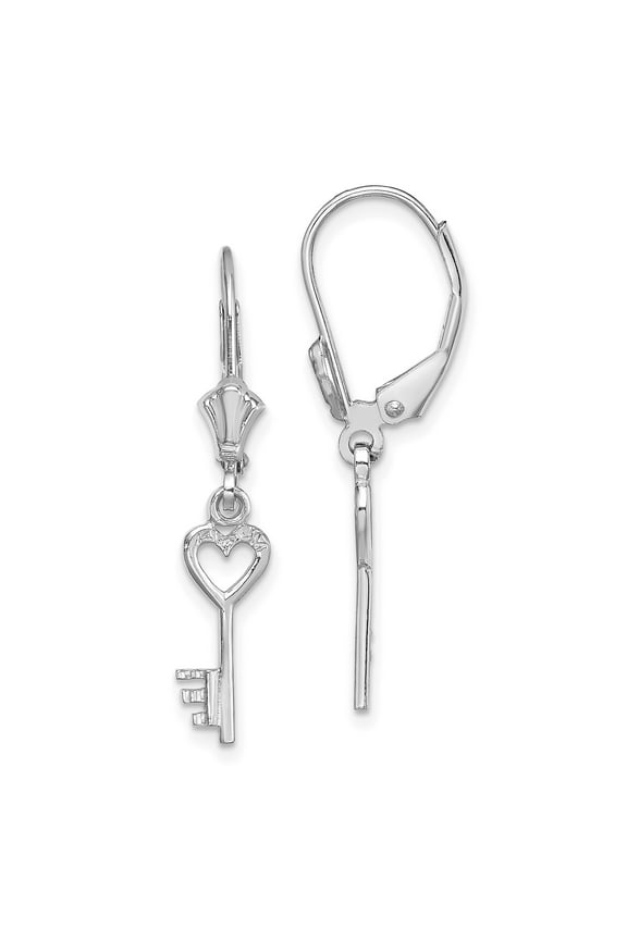 14K White Gold Dangle Earrings for Women with Heart Key Charm, Leverback Drop Style, Symbolic Love Jewelry for Everyday Wear or Romantic Occasions