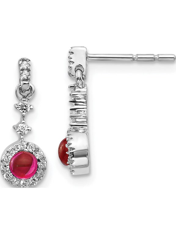 14K White Gold 3mm Round Ruby Cabochon and Diamond Halo Dangle Post Earrings