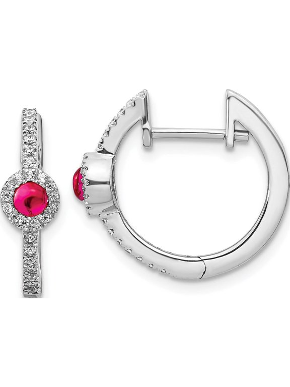 14K White Gold 2.7mm Round Ruby Cabochon and Diamond Hinged Hoop Earrings