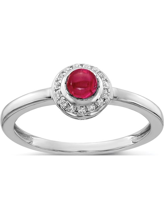 14K White Gold 1/15 carat Diamond and 4mm Round Cabochon Ruby Halo Ring