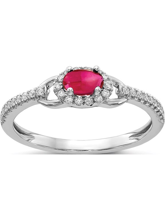 14K White Gold 1/6 carat Diamond and 5x3mm Oval Cabochon Ruby East-West Halo Ring