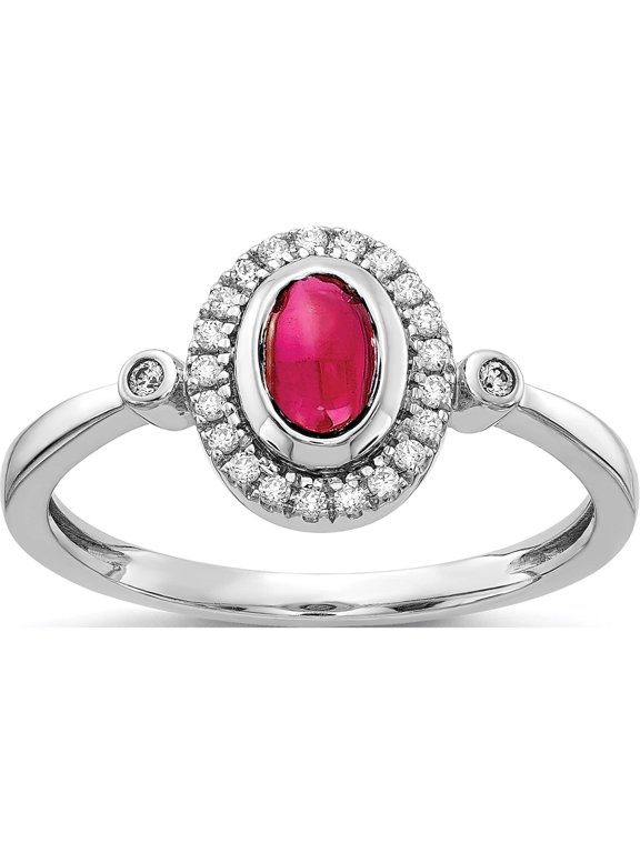 14K White Gold 1/8 carat Diamond and 6x4mm Oval Cabochon Ruby Halo Ring