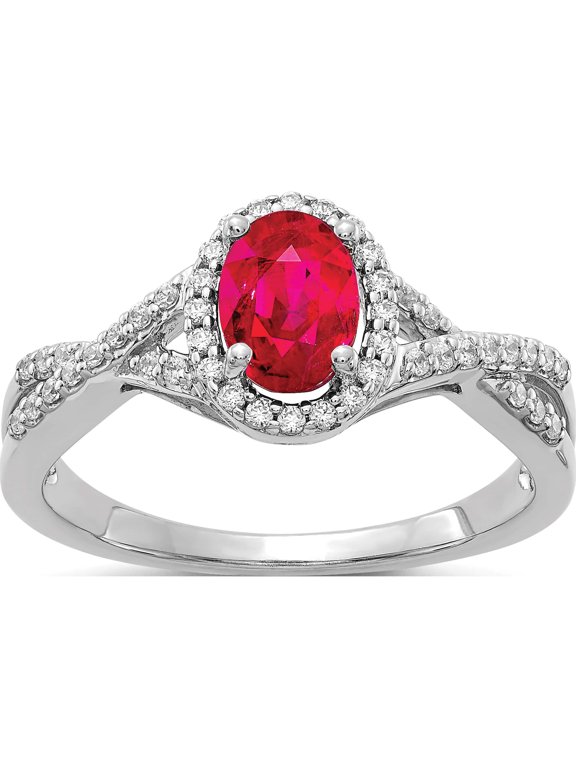 14K White Gold 7x5mm Oval Ruby and 1/5 carat Diamond Halo Ring