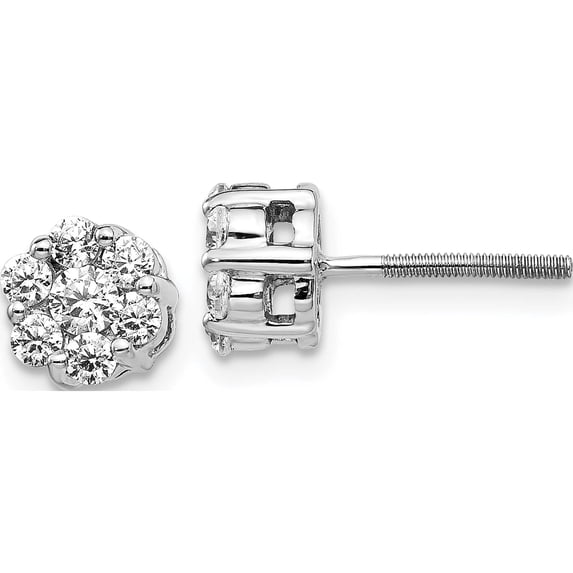 14K White Gold Diamond Cluster Screwback Earrings (7 X 7) Made In India em5456-062-wa