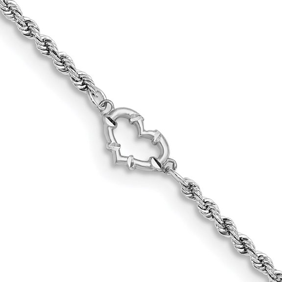 Jewelry by Sweet Pea 14K White Gold Diamond-cut Open Heart and Rope Chain 10 inch Anklet