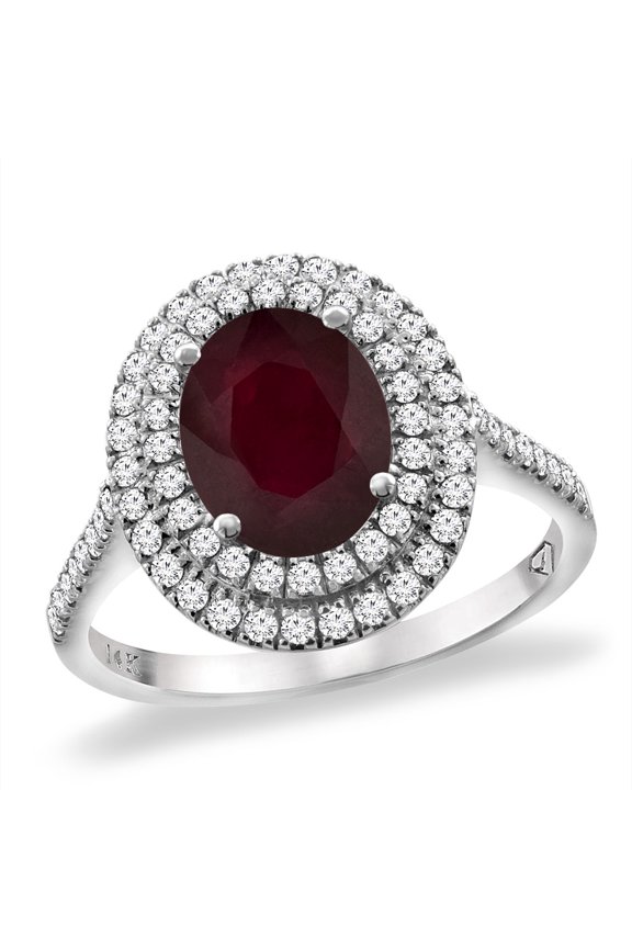 14K White Gold Diamond Double Halo Natural Quality Ruby Engagement Ring 9x7 mm Oval, size 5.5