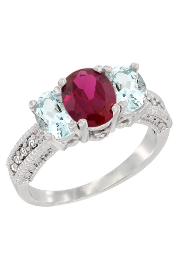 14K White Gold Diamond HQ Ruby Ring Oval 3-stone with Aquamarine, size 9