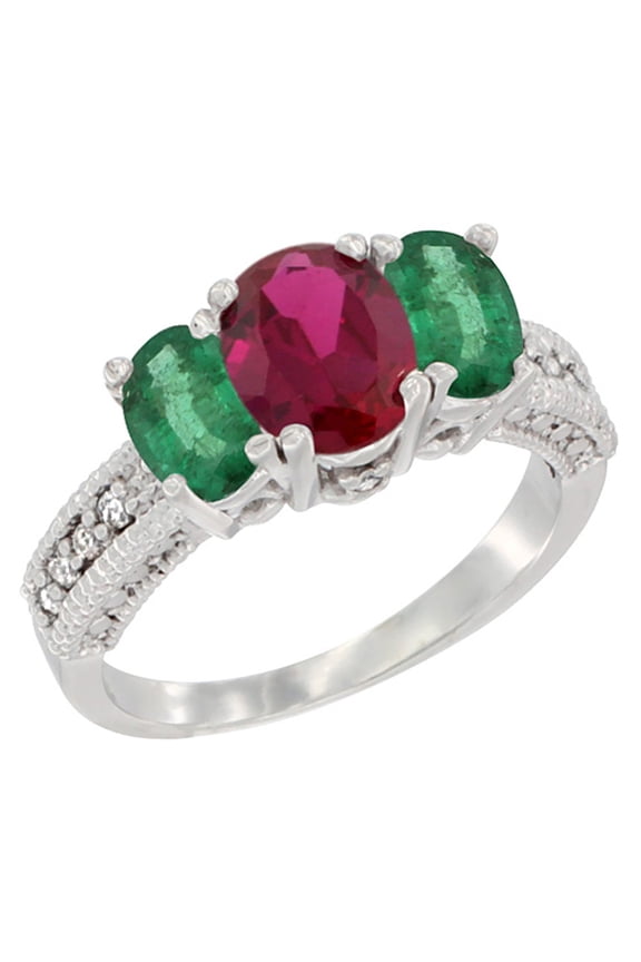 14K White Gold Diamond HQ Ruby Ring Oval 3-stone with Emerald, size 6