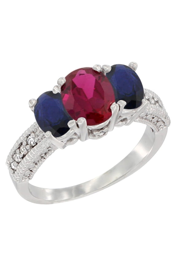 14K White Gold Diamond HQ Ruby Ring Oval 3-stone with HQ Blue Sapphire, size 7