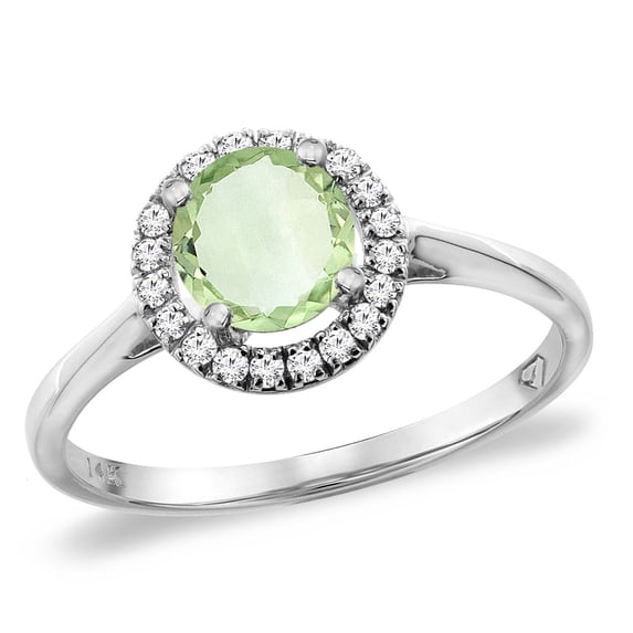 14K White Gold Diamond Halo Natural Green Amethyst Engagement Ring Round 6 mm, size 8.5