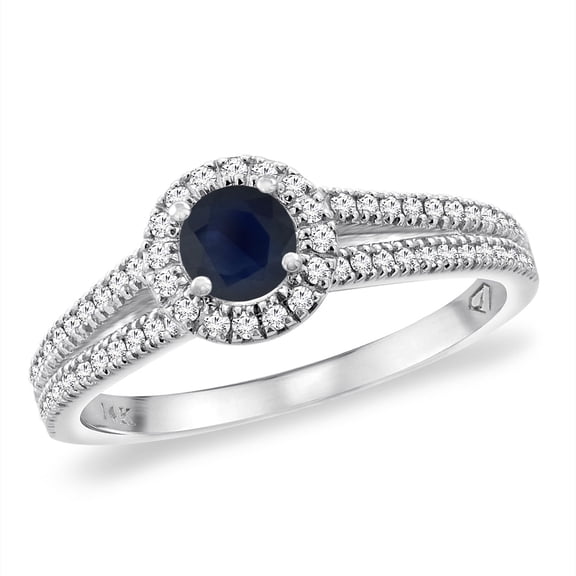 14K White Gold Diamond Halo Natural Quality Blue Sapphire Engagement Ring 4mm Round, size 10