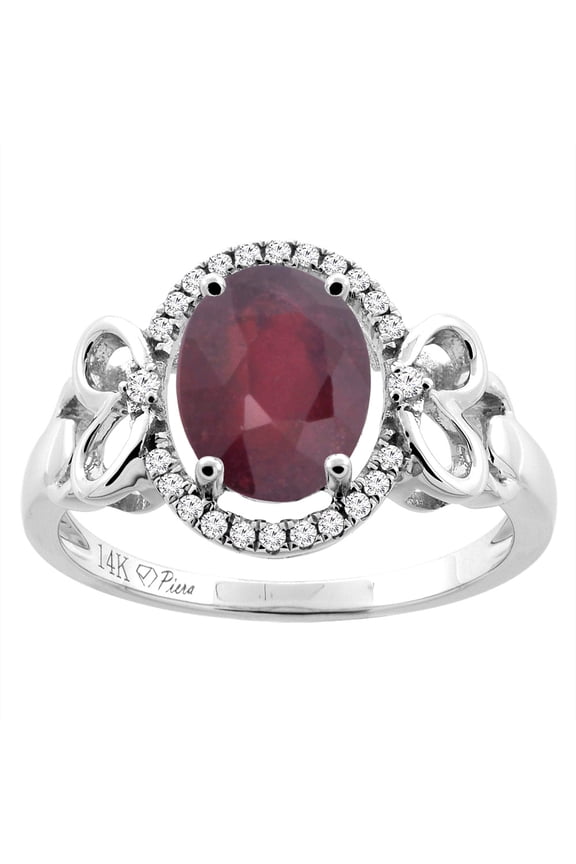 14K White Gold Diamond Halo Natural Quality Ruby Engagement Ring Oval 9x7 mm Heart Accent, size 9.5