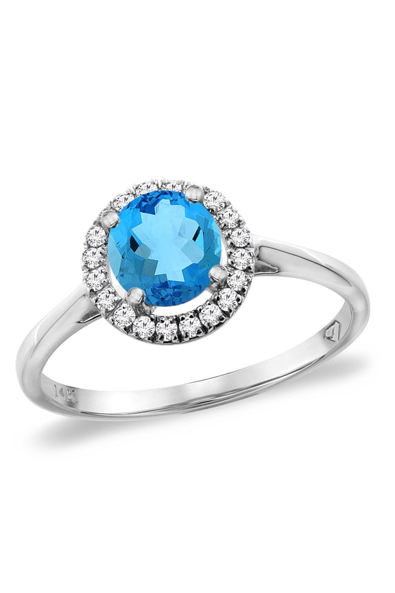 14K White Gold Diamond Halo Natural Swiss Blue Topaz Engagement Ring Round 6 mm, size 8