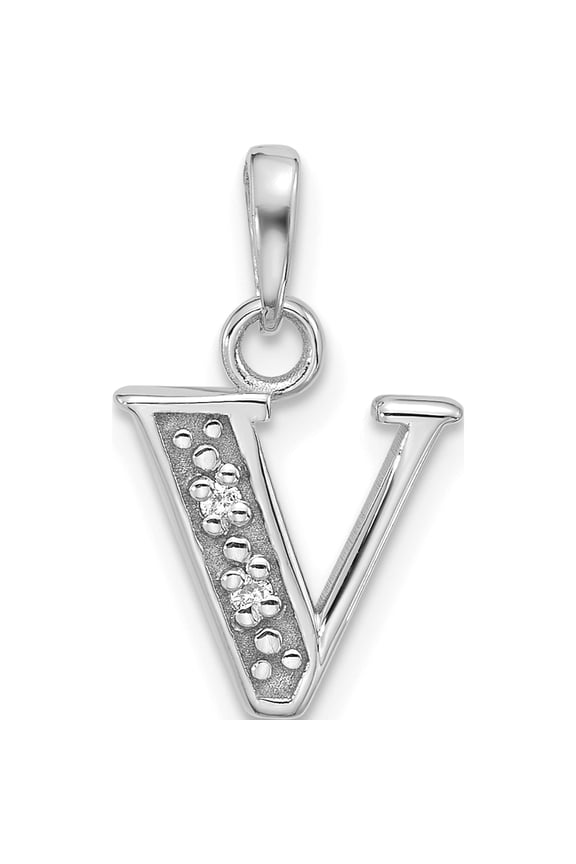14K White Gold Diamond Letter V Initial Pendant