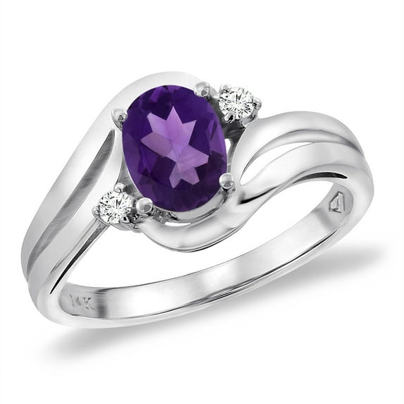 14K White Gold Diamond Natural Amethyst Bypass Engagement Ring Oval 8x6 mm, size 7.5