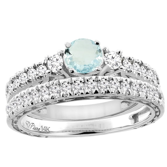 14K White Gold Diamond Natural Aquamarine Engagement 2-pc Ring Set Engraved Round 6 mm, size 9.5