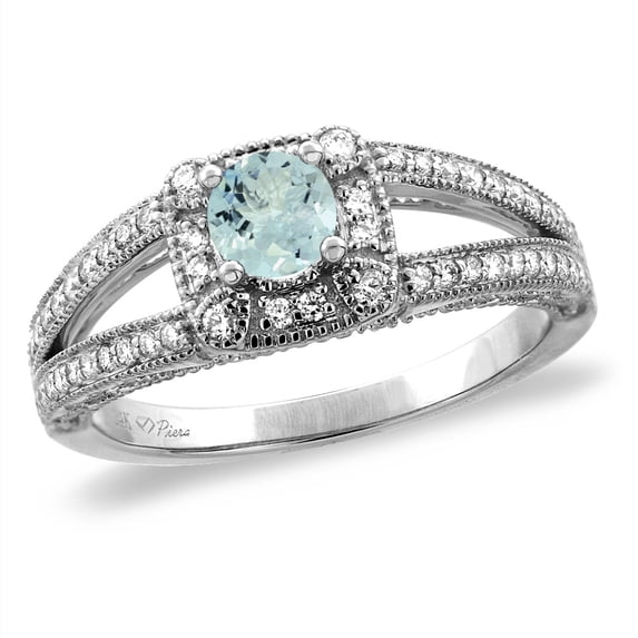 14K White Gold Diamond Natural Aquamarine Halo Engagement Ring Split Shank Round 4 mm, size 7.5