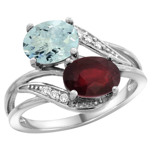 14K White Gold Diamond Natural Aquamarine & Quality Ruby 2-stone Mothers Ring Oval 8x6mm, size 7