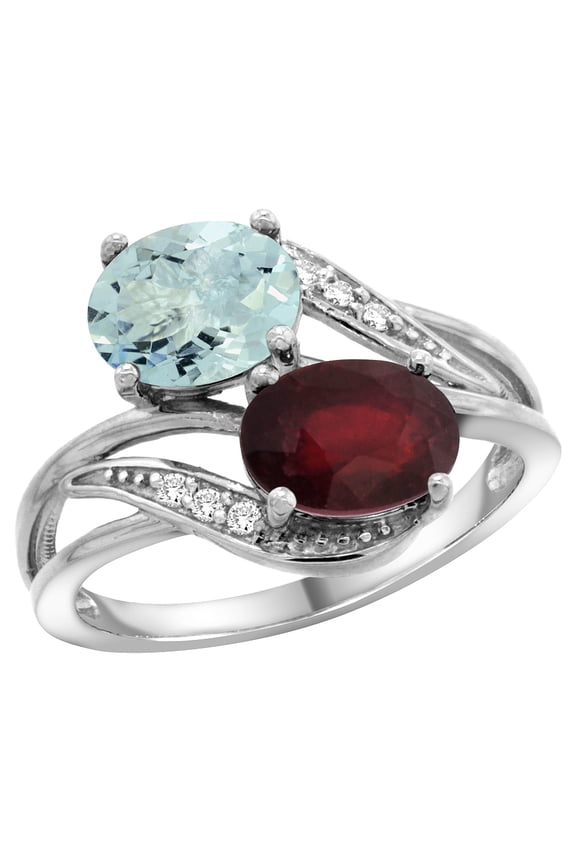 14K White Gold Diamond Natural Aquamarine & Quality Ruby 2-stone Mothers Ring Oval 8x6mm, size 7