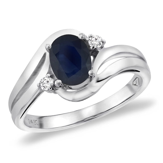 14K White Gold Diamond Natural Australian Sapphire Bypass Engagement Ring Oval 8x6 mm, size 5.5