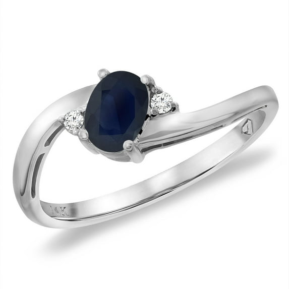 14K White Gold Diamond Natural Blue Sapphire Bypass Engagement Ring Oval 6x4 mm, size 9