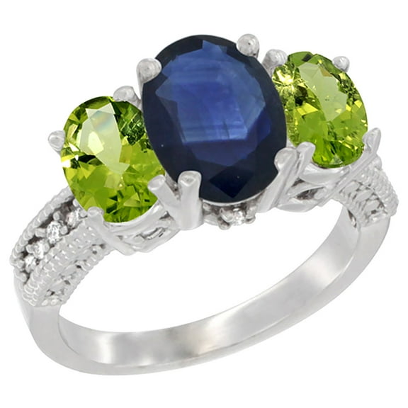 14K White Gold Diamond Natural Blue Sapphire Ring 3-Stone Oval 8x6mm with Peridot, size 9.5