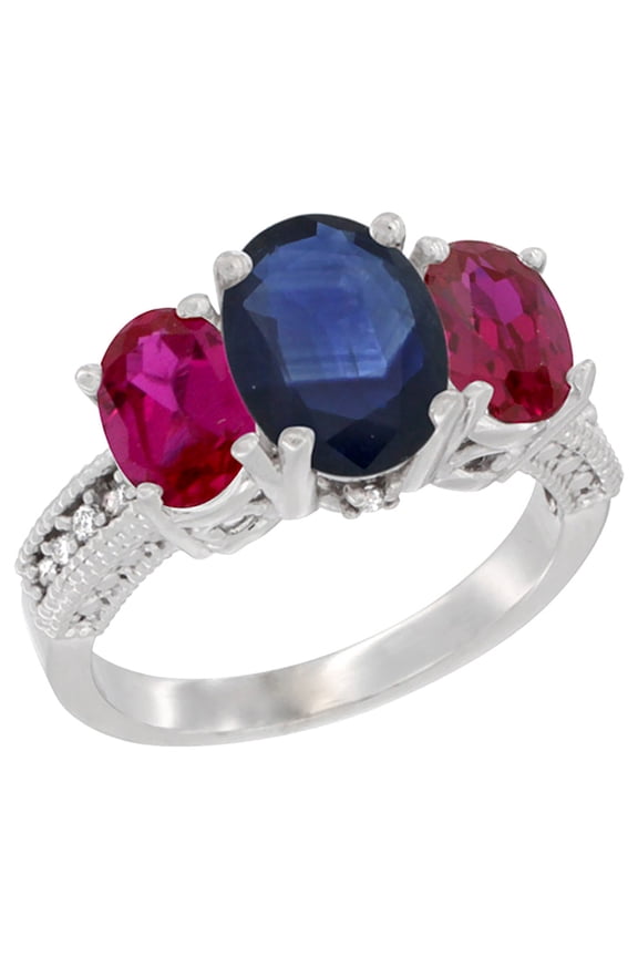14K White Gold Diamond Natural Blue Sapphire Ring 3-Stone Oval 8x6mm with Ruby, size 5.5
