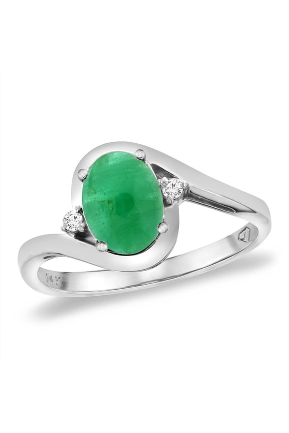 14K White Gold Diamond Natural Cabochon Emerald Bypass Engagement Ring Oval 8x6 mm, size 9.5