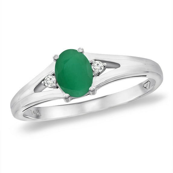 14K White Gold Diamond Natural Emerald Engagement Ring Oval 6x4 mm, size 5.5