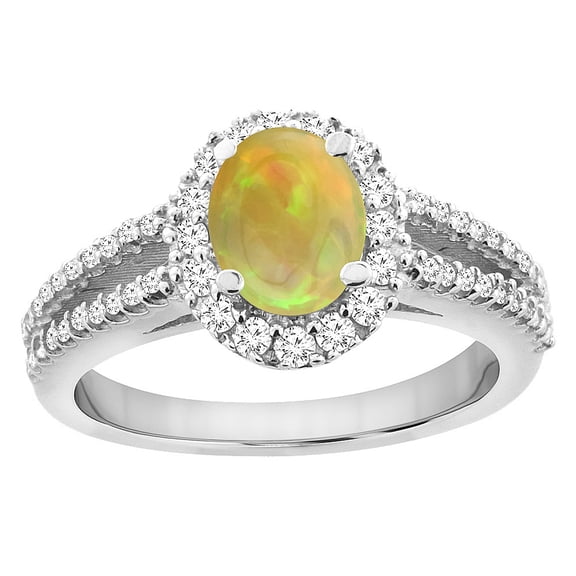 14K White Gold Diamond Natural Ethiopian HQ Opal Halo Engagement Ring Oval 7x5 mm, size 7
