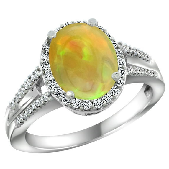 14K White Gold Diamond Natural Ethiopian Opal Engagement Ring Oval 10x8mm, size 5