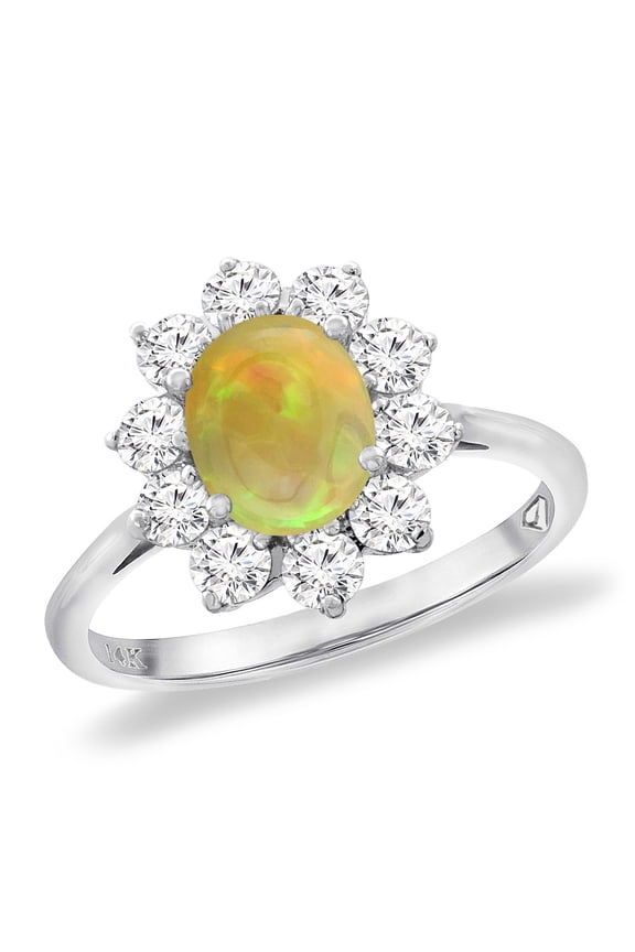 14K White Gold Diamond Natural Ethiopian Opal Engagement Ring Oval 8x6 mm, size 6