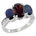 thumbnail image 1 of 14K White Gold Diamond Natural Garnet Ring 3-Stone Oval 8x6mm with Blue Sapphire, size 9, 1 of 4