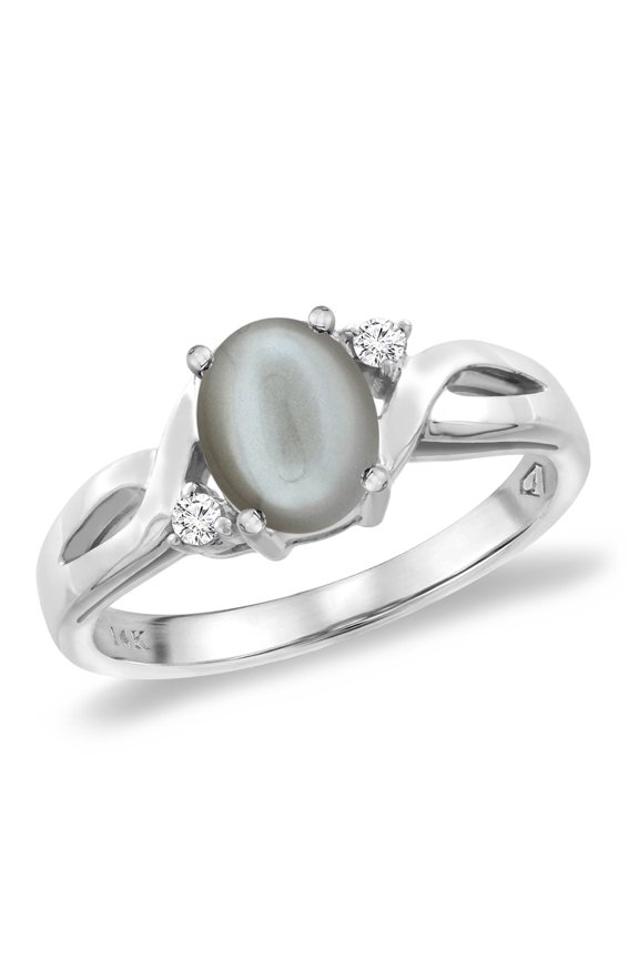 14K White Gold Diamond Natural Gray Moonstone Engagement Ring Oval 8x6 mm, size 9