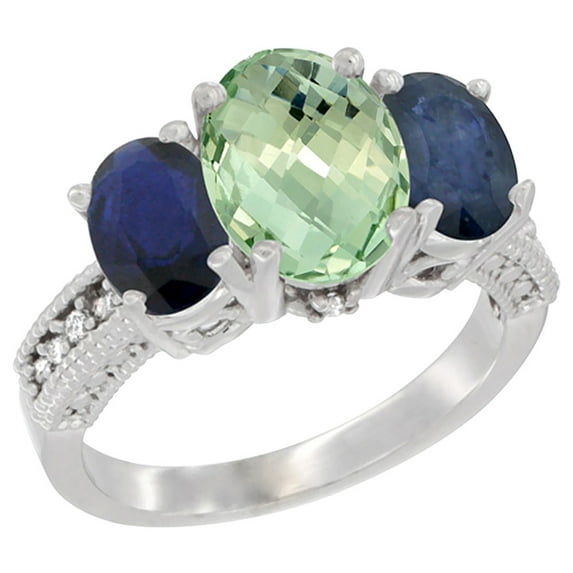 14K White Gold Diamond Natural Green Amethyst Ring 3-Stone Oval 8x6mm with Blue Sapphire, size 9