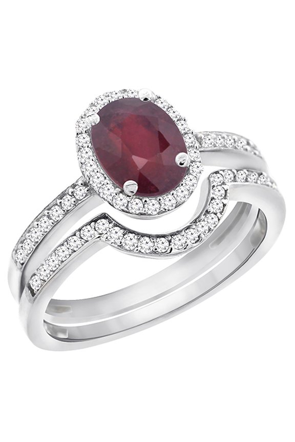 14K White Gold Diamond Natural High Quality Ruby 2-Pc. Engagement Ring Set Oval 8x6 mm, size 9