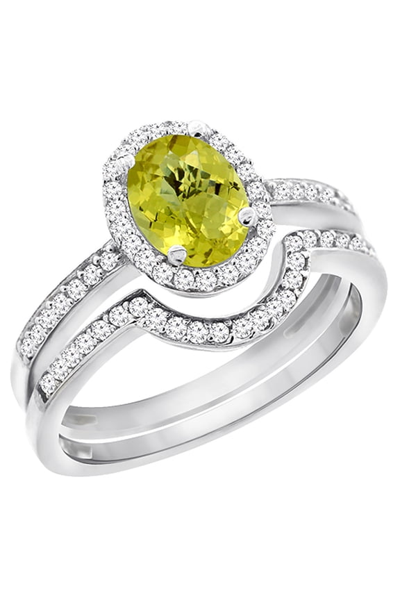 14K White Gold Diamond Natural Lemon Quartz 2-Pc. Engagement Ring Set Oval 8x6 mm, size 5