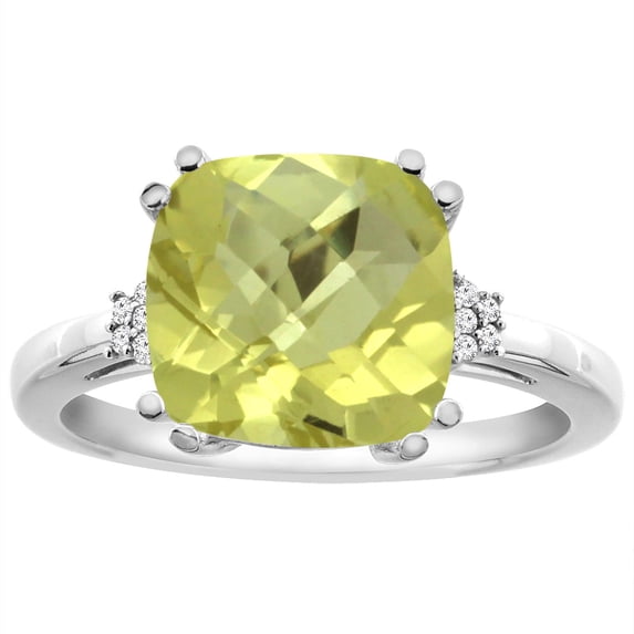 14K White Gold Diamond Natural Lemon Quartz Engagement Ring Cushion-cut 10x10 mm, size 7