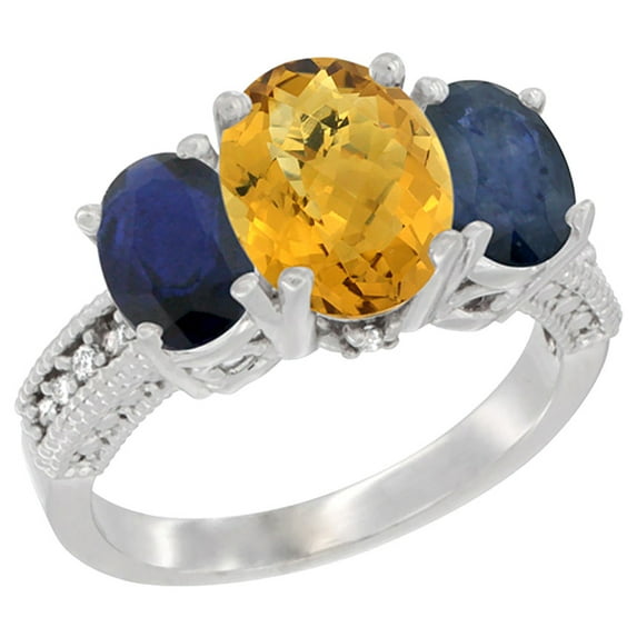 14K White Gold Diamond Natural Lemon Quartz Ring 3-Stone Oval 8x6mm with Blue Sapphire, size 6