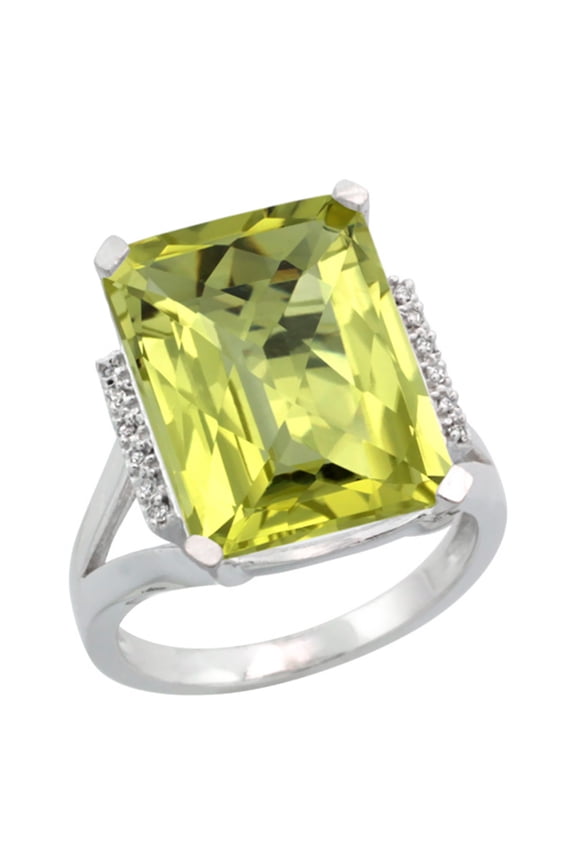 14K White Gold Diamond Natural Lemon Quartz Ring Emerald-cut 16x12mm, size 6.5