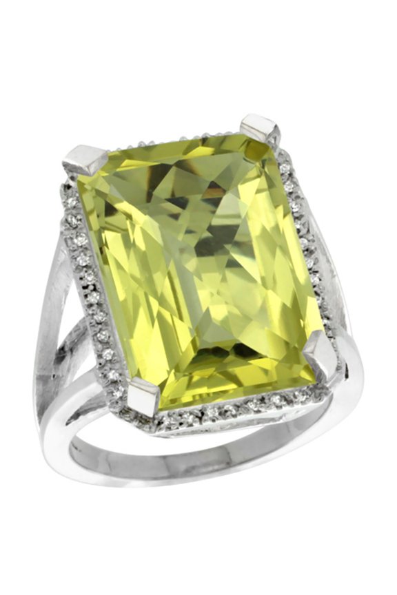 14K White Gold Diamond Natural Lemon Quartz Ring Emerald-cut 18x13mm, size 8