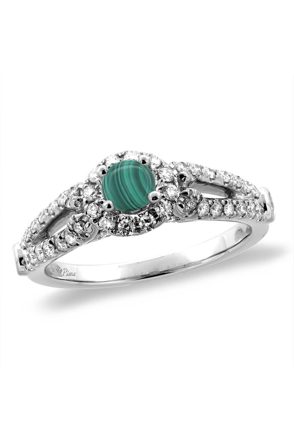 14K White Gold Diamond Natural Malachite Halo Engagement Ring Round 4 mm, size 10