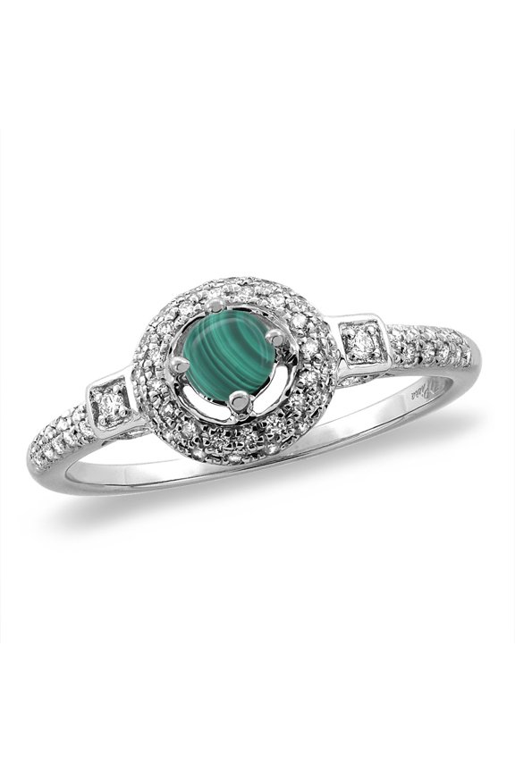 14K White Gold Diamond Natural Malachite Halo Engagement Ring Round 4 mm, size 8