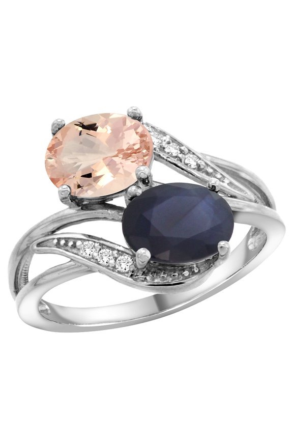 14K White Gold Diamond Natural Morganite & HQ Blue Sapphire 2-stone Ring Oval 8x6mm, size 5.5