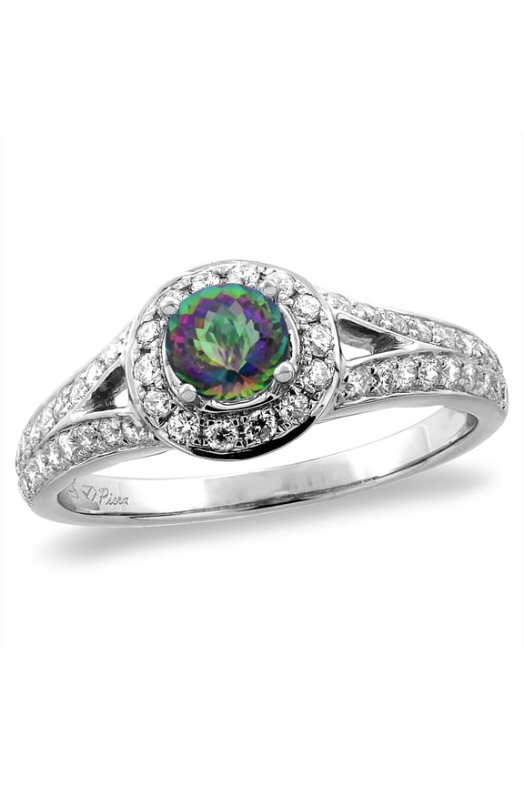 14K White Gold Diamond Natural Mystic Topaz Halo Engagement Ring Round 4 mm, size 9