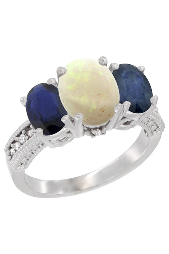 14K White Gold Diamond Natural Opal Ring 3-Stone Oval 8x6mm with Blue Sapphire, size 9